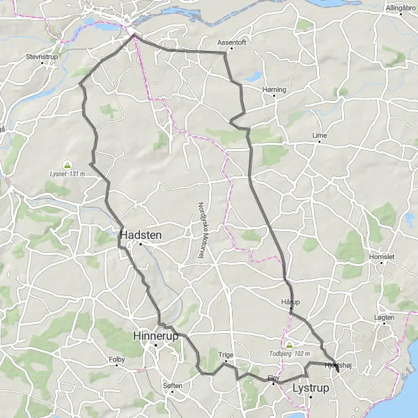 Map miniature of "Hjortshøj to Voldum via Grundfør" cycling inspiration in Midtjylland, Denmark. Generated by Tarmacs.app cycling route planner