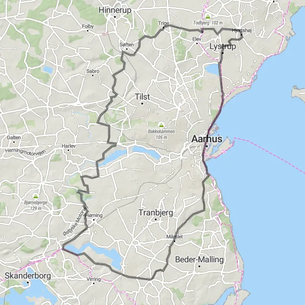 Map miniature of "Hjortshøj to Trige via Stilling" cycling inspiration in Midtjylland, Denmark. Generated by Tarmacs.app cycling route planner