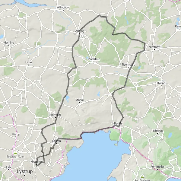 Map miniature of "Hjortshøj to Løgten loop" cycling inspiration in Midtjylland, Denmark. Generated by Tarmacs.app cycling route planner