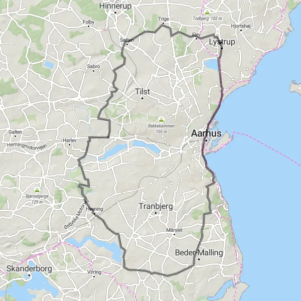 Map miniature of "Lystrup Loop" cycling inspiration in Midtjylland, Denmark. Generated by Tarmacs.app cycling route planner
