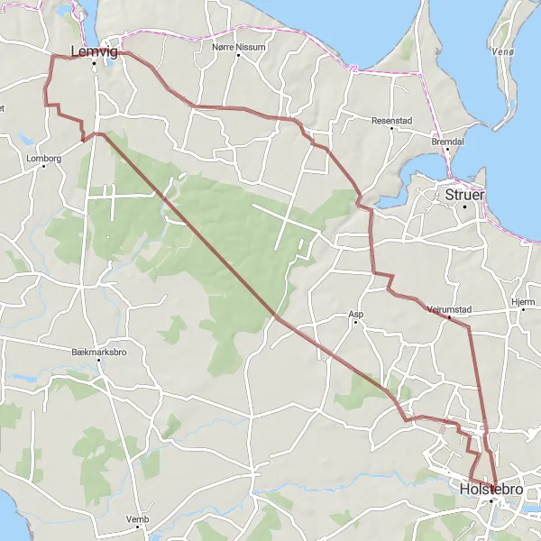 Map miniature of "Holstebro Gravel Adventure" cycling inspiration in Midtjylland, Denmark. Generated by Tarmacs.app cycling route planner