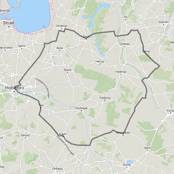 Map miniature of "Grove Challenge" cycling inspiration in Midtjylland, Denmark. Generated by Tarmacs.app cycling route planner