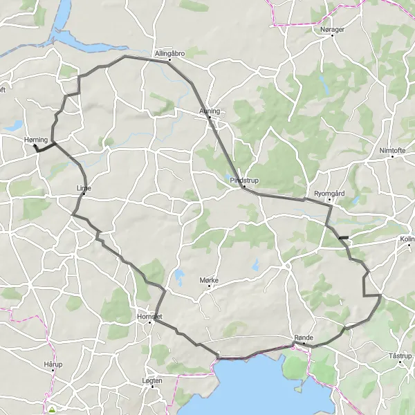 Map miniature of "Hørning to Allingåbro to Gammel Ryomgård to Rønde to Rodskov to Lime Loop" cycling inspiration in Midtjylland, Denmark. Generated by Tarmacs.app cycling route planner