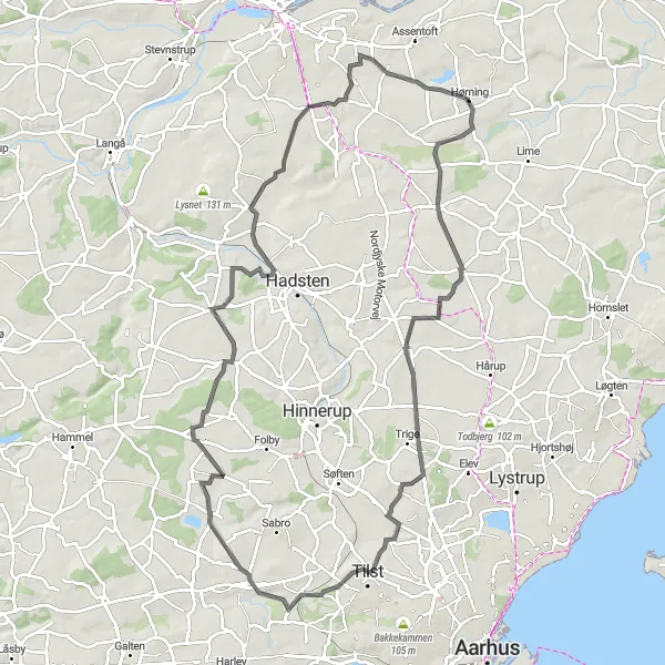 Map miniature of "Hørning to Spørring to Kasted to Borum Eshøj to Lyngå Loop" cycling inspiration in Midtjylland, Denmark. Generated by Tarmacs.app cycling route planner