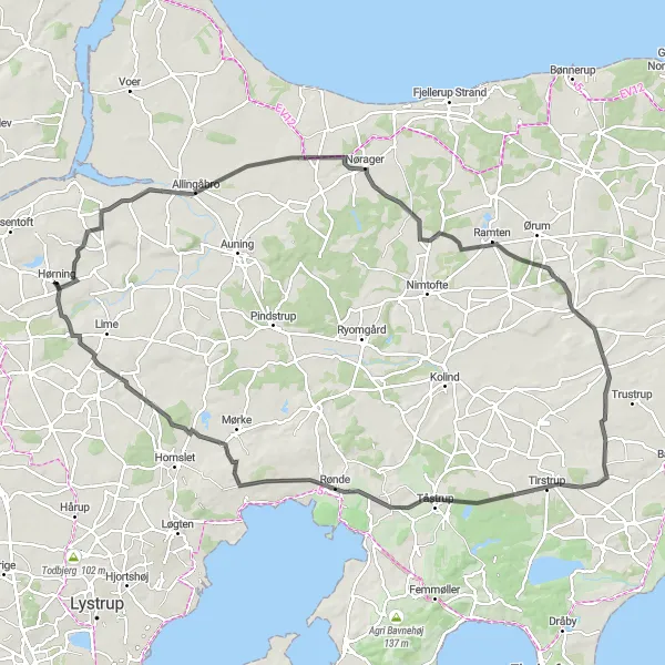 Map miniature of "Hørning to Allingåbro to Ramten to Tirstrup to Bale Loop" cycling inspiration in Midtjylland, Denmark. Generated by Tarmacs.app cycling route planner