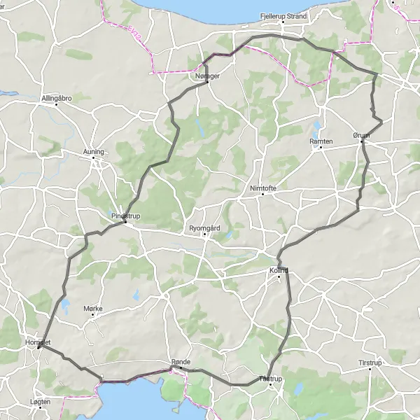 Map miniature of "Scenic Ride from Pindstrup to Kolind" cycling inspiration in Midtjylland, Denmark. Generated by Tarmacs.app cycling route planner