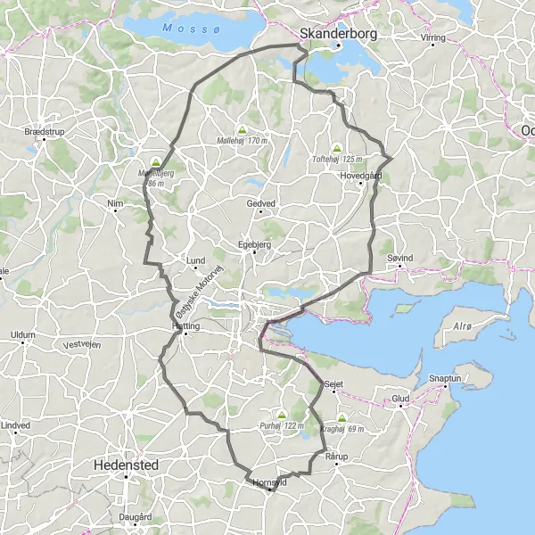 Map miniature of "Hornsyld to Lindved Road Cycling Route" cycling inspiration in Midtjylland, Denmark. Generated by Tarmacs.app cycling route planner