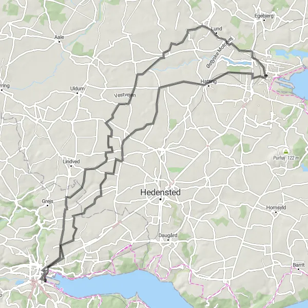 Map miniature of "Horsens to Hornborg Loop" cycling inspiration in Midtjylland, Denmark. Generated by Tarmacs.app cycling route planner