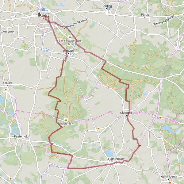 Map miniature of "The Gravel Adventure" cycling inspiration in Midtjylland, Denmark. Generated by Tarmacs.app cycling route planner