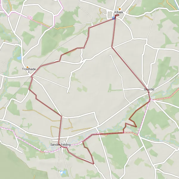 Map miniature of "Skarrild Gravel Adventure" cycling inspiration in Midtjylland, Denmark. Generated by Tarmacs.app cycling route planner