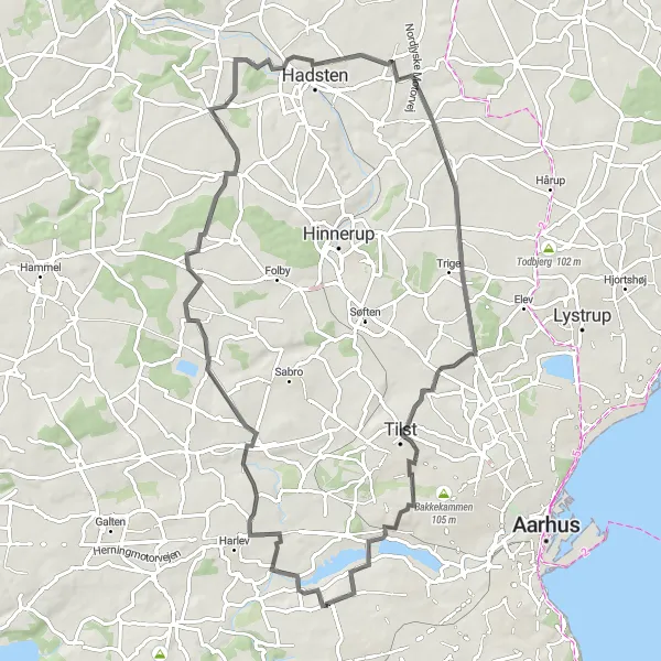 Map miniature of "Exploring Borum Eshøj and Brabrand" cycling inspiration in Midtjylland, Denmark. Generated by Tarmacs.app cycling route planner