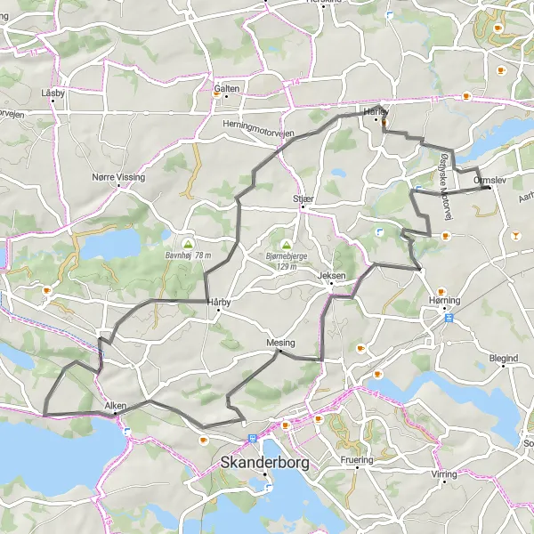 Map miniature of "Hilly Ride to Strongelsbjerg" cycling inspiration in Midtjylland, Denmark. Generated by Tarmacs.app cycling route planner