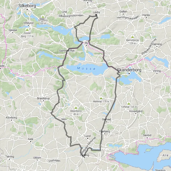 Map miniature of "Road to Alken from Låsby" cycling inspiration in Midtjylland, Denmark. Generated by Tarmacs.app cycling route planner