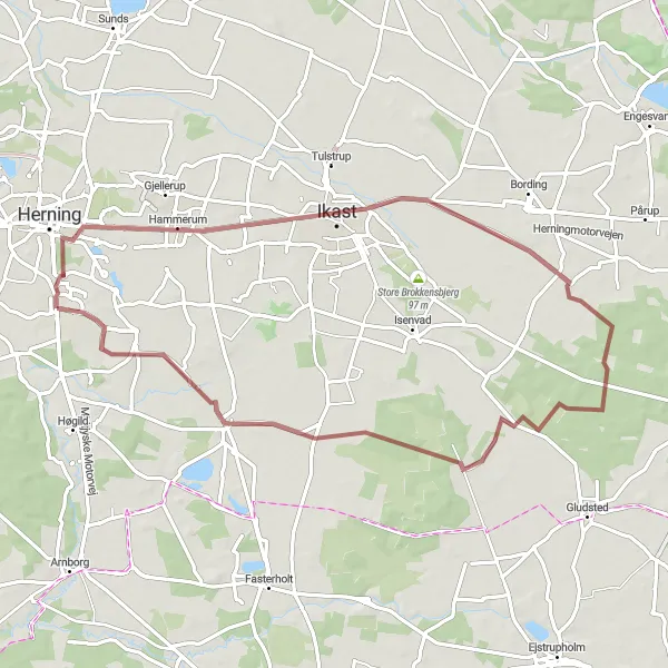 Map miniature of "Midtjylland Gravel Adventure" cycling inspiration in Midtjylland, Denmark. Generated by Tarmacs.app cycling route planner