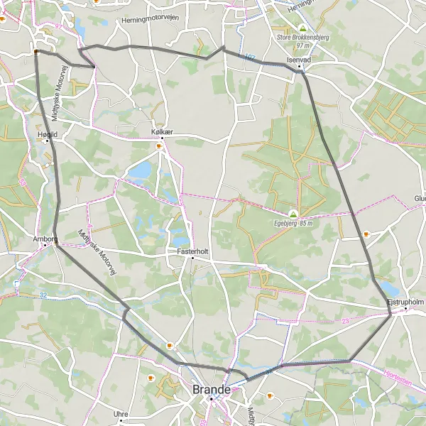 Map miniature of "Isenvad Loop" cycling inspiration in Midtjylland, Denmark. Generated by Tarmacs.app cycling route planner