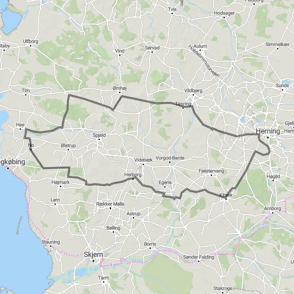 Map miniature of "Trehøje Loop" cycling inspiration in Midtjylland, Denmark. Generated by Tarmacs.app cycling route planner