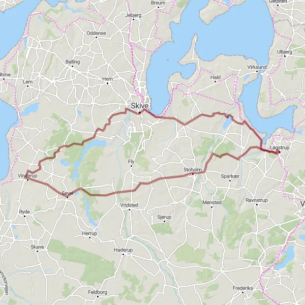 Map miniature of "Gravel Route from Løgstrup to Kvols" cycling inspiration in Midtjylland, Denmark. Generated by Tarmacs.app cycling route planner