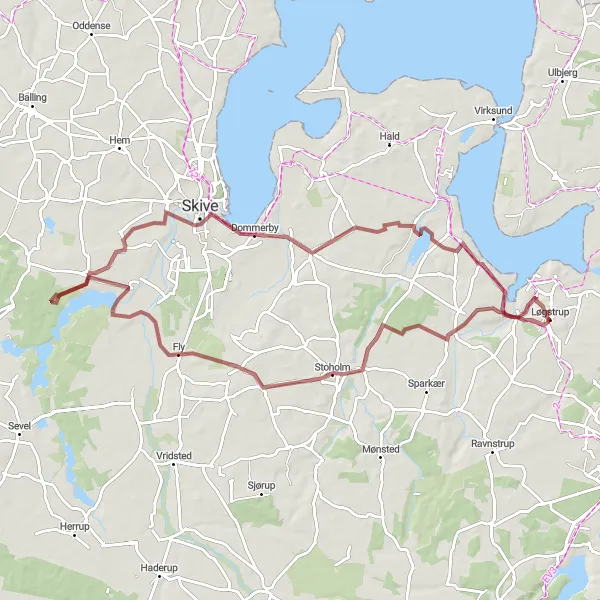 Map miniature of "Stoholm to Hjarbæk Gravel Route" cycling inspiration in Midtjylland, Denmark. Generated by Tarmacs.app cycling route planner