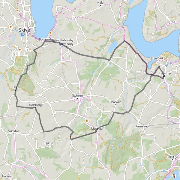 Miniaturekort af cykelinspirationen "Mønsted-Kjeldbjerg-Nørre Søby-Hjarbæk Rundtur" i Midtjylland, Denmark. Genereret af Tarmacs.app cykelruteplanlægger