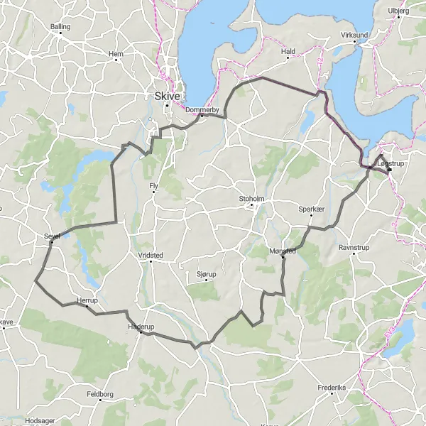 Map miniature of "Road Route from Løgstrup to Kvols" cycling inspiration in Midtjylland, Denmark. Generated by Tarmacs.app cycling route planner