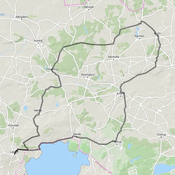 Map miniature of "Løgten to Mørke via Store Bavnehøj" cycling inspiration in Midtjylland, Denmark. Generated by Tarmacs.app cycling route planner