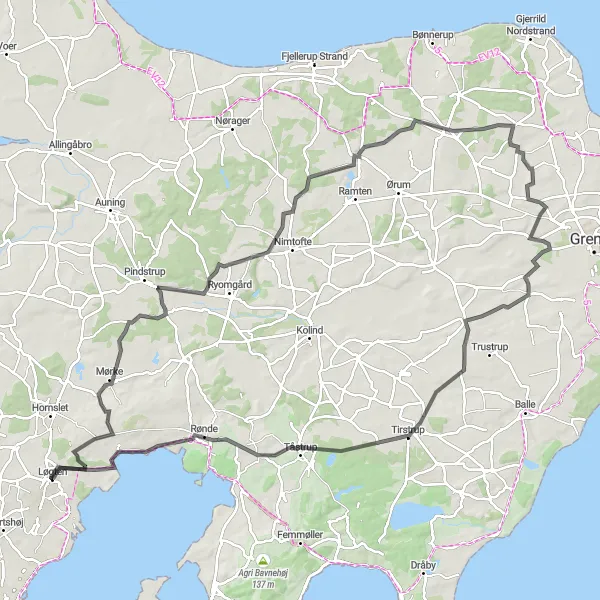Map miniature of "Løgten to Mørke via Store Bavnehøj" cycling inspiration in Midtjylland, Denmark. Generated by Tarmacs.app cycling route planner