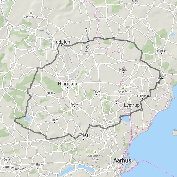 Map miniature of "Løgten to Stenhøj" cycling inspiration in Midtjylland, Denmark. Generated by Tarmacs.app cycling route planner