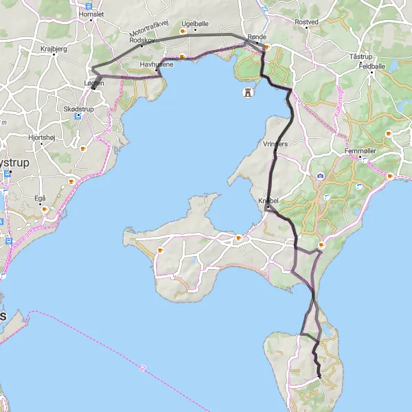 Map miniature of "'Discovering Knebel and Fuglsø'" cycling inspiration in Midtjylland, Denmark. Generated by Tarmacs.app cycling route planner