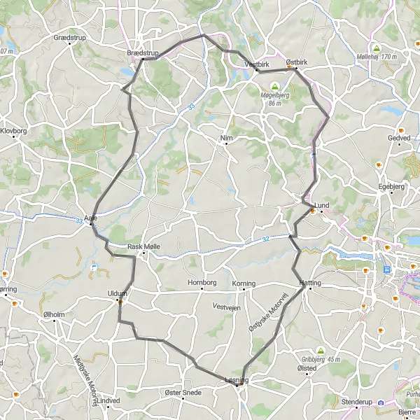 Map miniature of "The Rask Mølle Route" cycling inspiration in Midtjylland, Denmark. Generated by Tarmacs.app cycling route planner