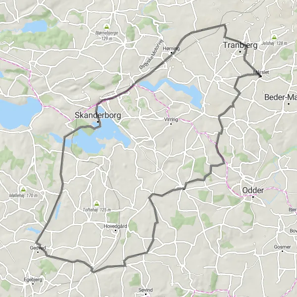 Map miniature of "Mårslet - Testrup - Torrild - Åes - Skanderborg - Hasselager Loop" cycling inspiration in Midtjylland, Denmark. Generated by Tarmacs.app cycling route planner