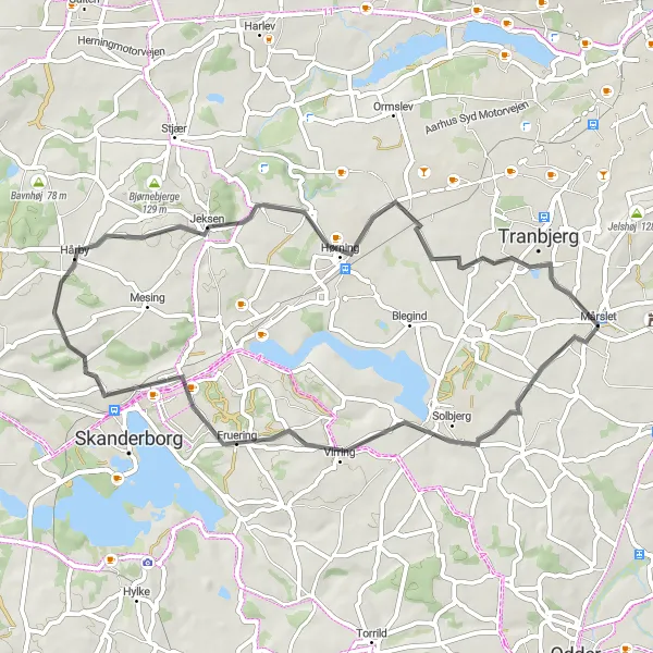 Map miniature of "Fruering to Hørning Cycling Route" cycling inspiration in Midtjylland, Denmark. Generated by Tarmacs.app cycling route planner