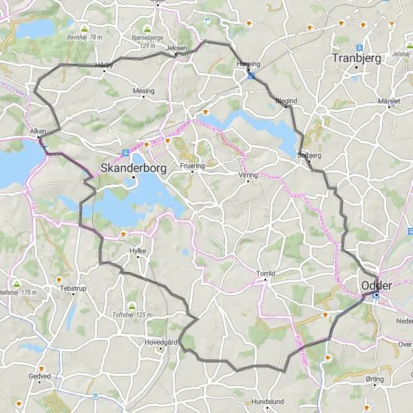 Map miniature of "Rathlousdal Exploration" cycling inspiration in Midtjylland, Denmark. Generated by Tarmacs.app cycling route planner