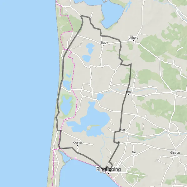 Miniaturekort af cykelinspirationen "Ringkøbing og omegn skovveje cykelrute" i Midtjylland, Denmark. Genereret af Tarmacs.app cykelruteplanlægger