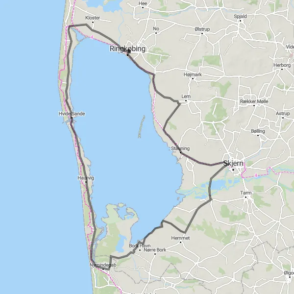 Map miniature of "The Ultimate Ringkøbing to Hvide Sande Road Ride" cycling inspiration in Midtjylland, Denmark. Generated by Tarmacs.app cycling route planner