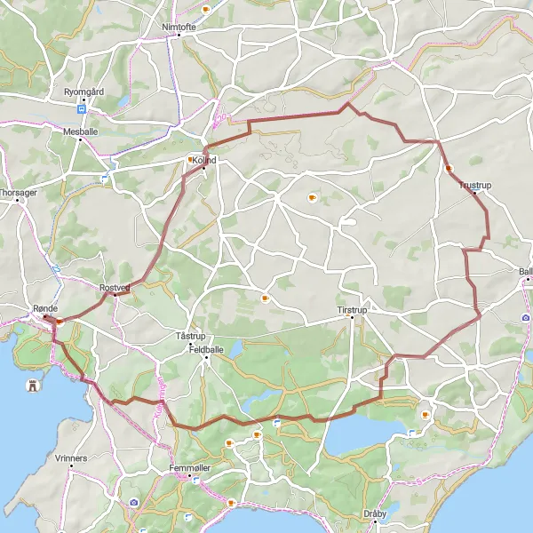 Map miniature of "Rønde - Ørnbjerg Mølle Gravel Adventure" cycling inspiration in Midtjylland, Denmark. Generated by Tarmacs.app cycling route planner