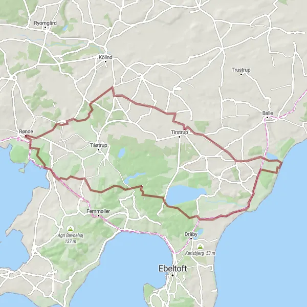 Map miniature of "Rønde - Ørnbjerg Mølle Gravel Loop" cycling inspiration in Midtjylland, Denmark. Generated by Tarmacs.app cycling route planner