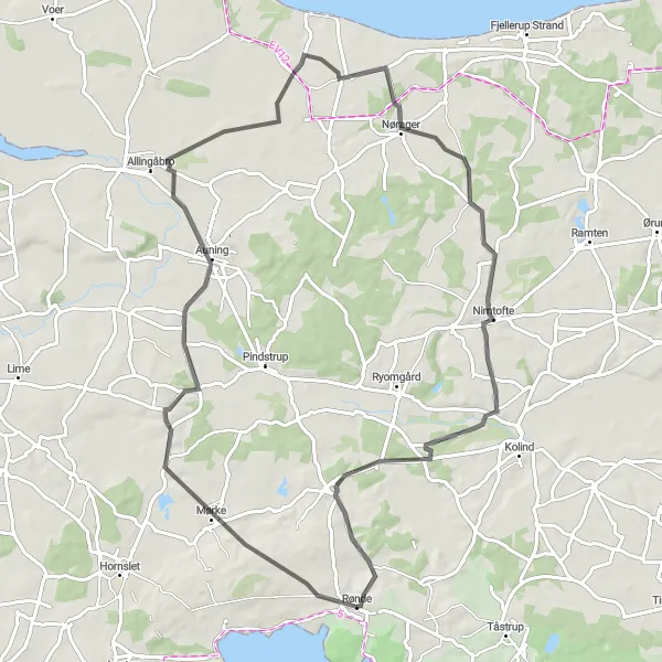 Map miniature of "Rønde to Thorsager Loop" cycling inspiration in Midtjylland, Denmark. Generated by Tarmacs.app cycling route planner