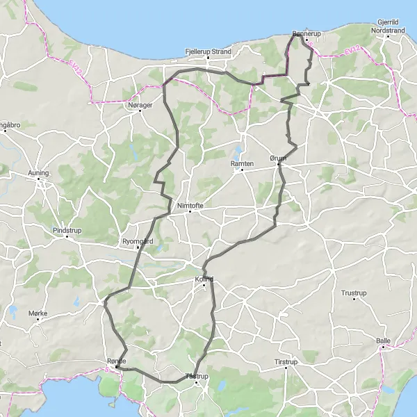 Miniaturekort af cykelinspirationen "Kysttur fra Rønde" i Midtjylland, Denmark. Genereret af Tarmacs.app cykelruteplanlægger