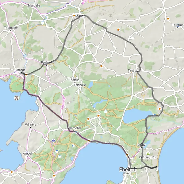 Map miniature of "Rønde - Ebeltoft Loop" cycling inspiration in Midtjylland, Denmark. Generated by Tarmacs.app cycling route planner