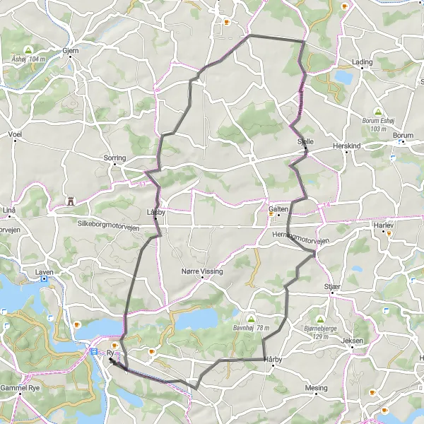 Map miniature of "Ry to Firgårde Loop" cycling inspiration in Midtjylland, Denmark. Generated by Tarmacs.app cycling route planner