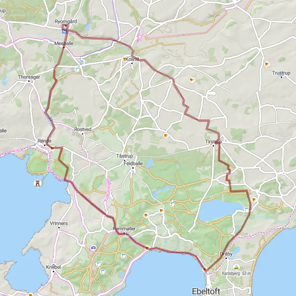 Miniaturekort af cykelinspirationen "Grusveje og naturskønne ruter" i Midtjylland, Denmark. Genereret af Tarmacs.app cykelruteplanlægger
