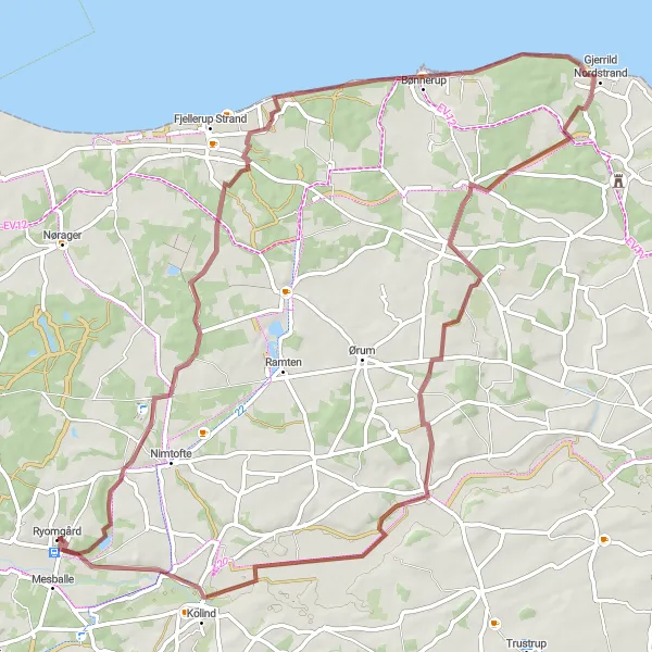 Map miniature of "Gammel Ryomgård to Albæk Loop" cycling inspiration in Midtjylland, Denmark. Generated by Tarmacs.app cycling route planner