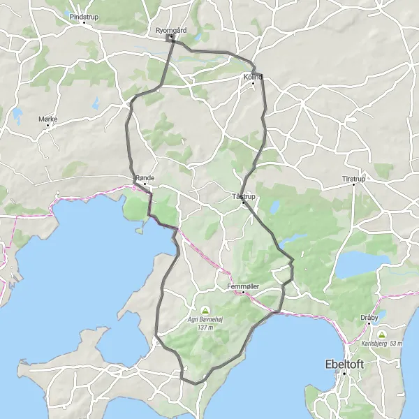 Map miniature of "Kolind to Molbostøtten Loop" cycling inspiration in Midtjylland, Denmark. Generated by Tarmacs.app cycling route planner