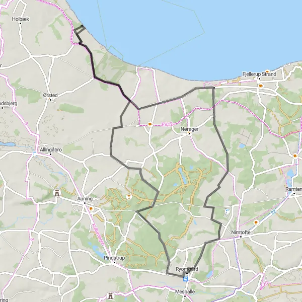 Map miniature of "Gammel Ryomgård to Hevring Loop" cycling inspiration in Midtjylland, Denmark. Generated by Tarmacs.app cycling route planner