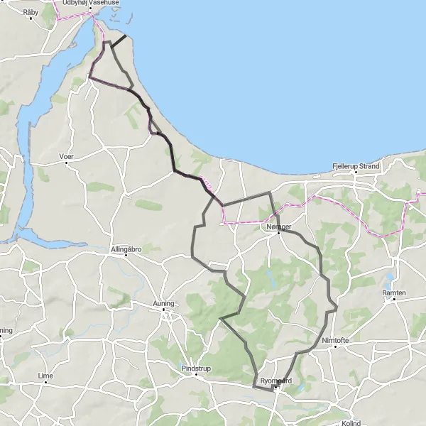 Map miniature of "Gammel Ryomgård to Udbyhøj Syd Loop" cycling inspiration in Midtjylland, Denmark. Generated by Tarmacs.app cycling route planner