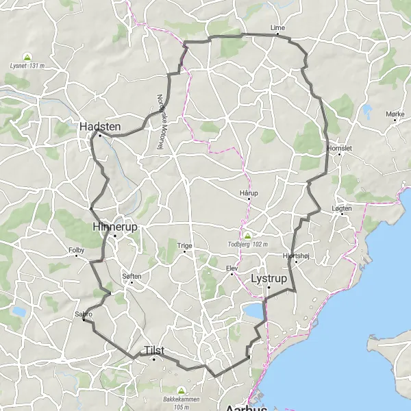 Map miniature of "Hinnerup Discovery" cycling inspiration in Midtjylland, Denmark. Generated by Tarmacs.app cycling route planner