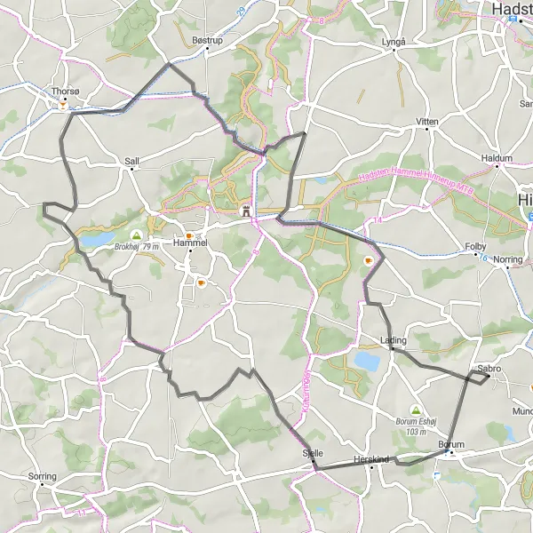 Map miniature of "Borum Loop" cycling inspiration in Midtjylland, Denmark. Generated by Tarmacs.app cycling route planner