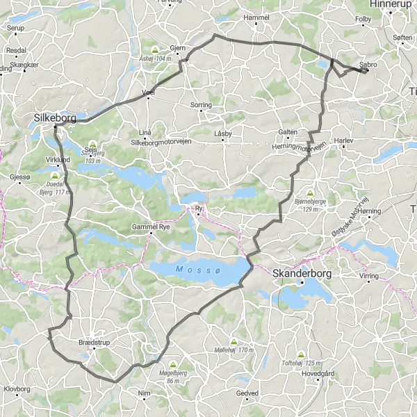 Map miniature of "Silkeborg Challenge" cycling inspiration in Midtjylland, Denmark. Generated by Tarmacs.app cycling route planner