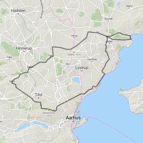 Map miniature of "Sabro Loop" cycling inspiration in Midtjylland, Denmark. Generated by Tarmacs.app cycling route planner
