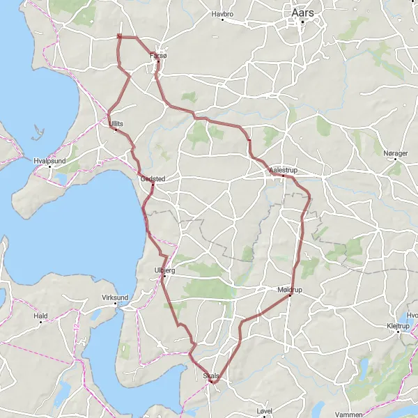 Map miniature of "Picturesque Skals to Møldrup Gravel Tour" cycling inspiration in Midtjylland, Denmark. Generated by Tarmacs.app cycling route planner